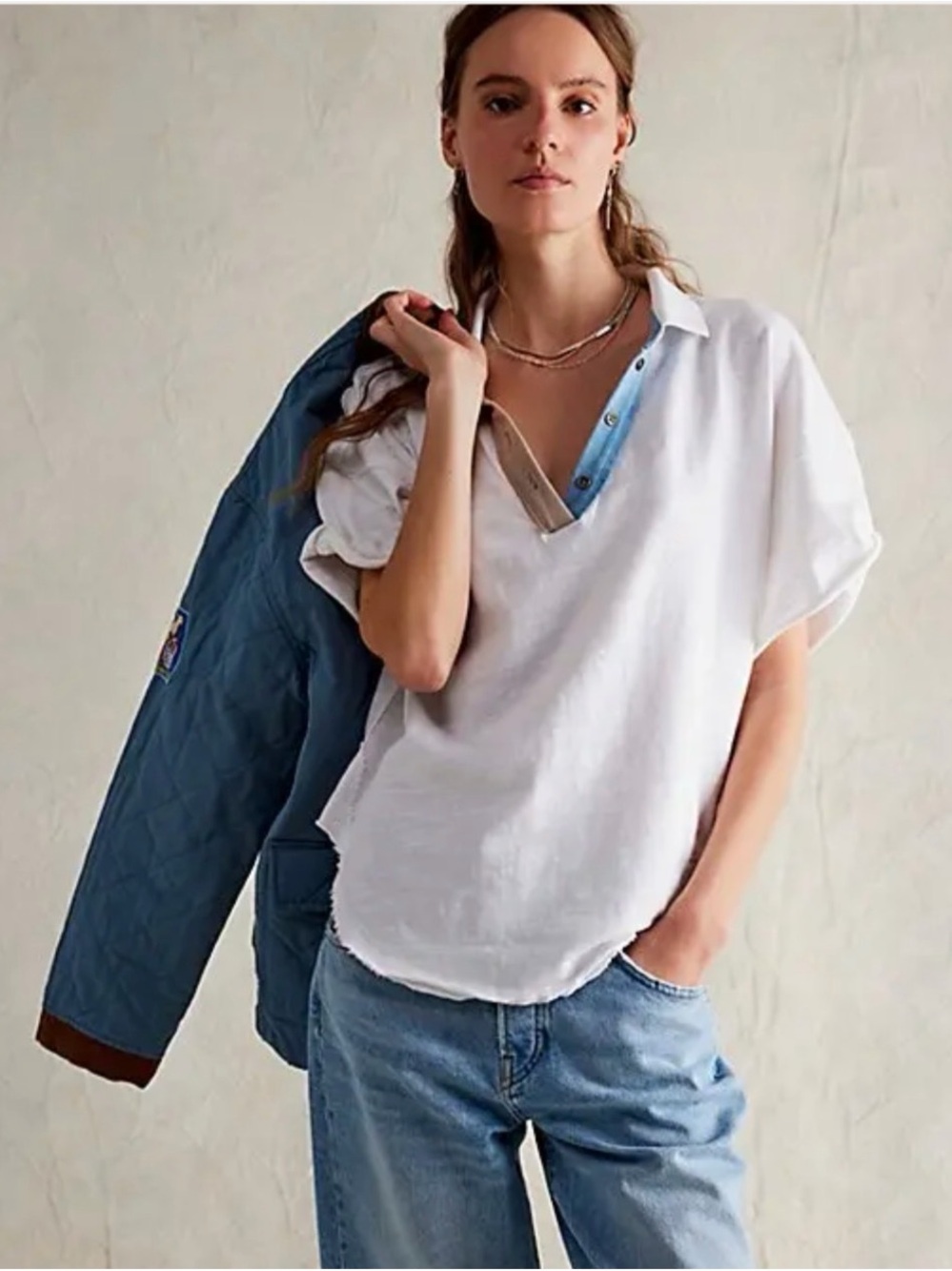 EUC We the Free White V-Neck Celeste Polo Top - Casual Women's Tee